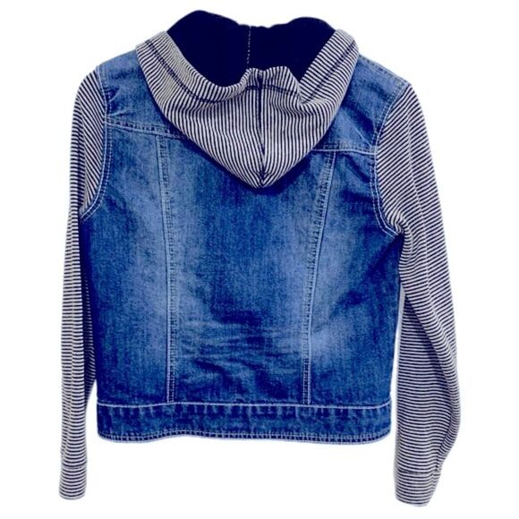 WALLFLOWER JEAN JACKET WOMEN LARGE BLUE DENIM CROP STRIPED KNIT ARM HOOD. - Picture 2 of 15